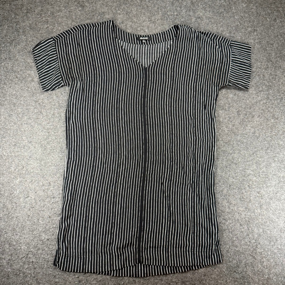 Madewell Black White Striped Viscose Short Sleeve V Neck Dress